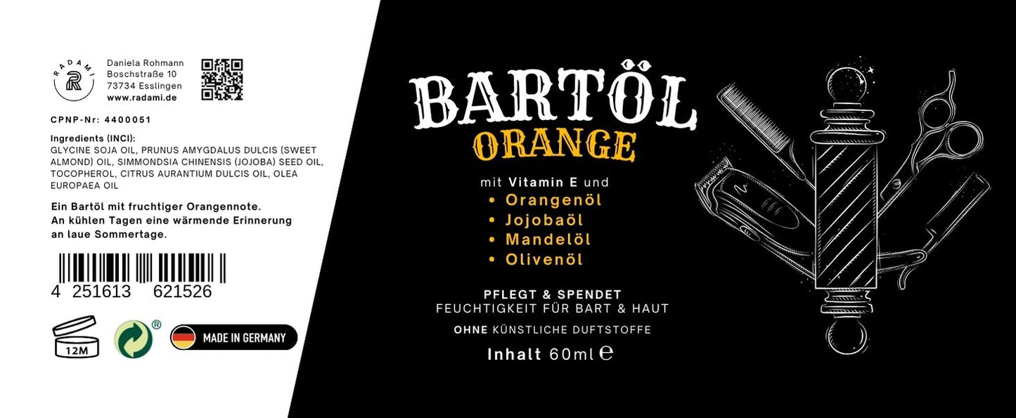 Bartöl Orange 60 ml Bartpflege mit Jojobaöl, Mandelöl und Olivenöl - Mimaro