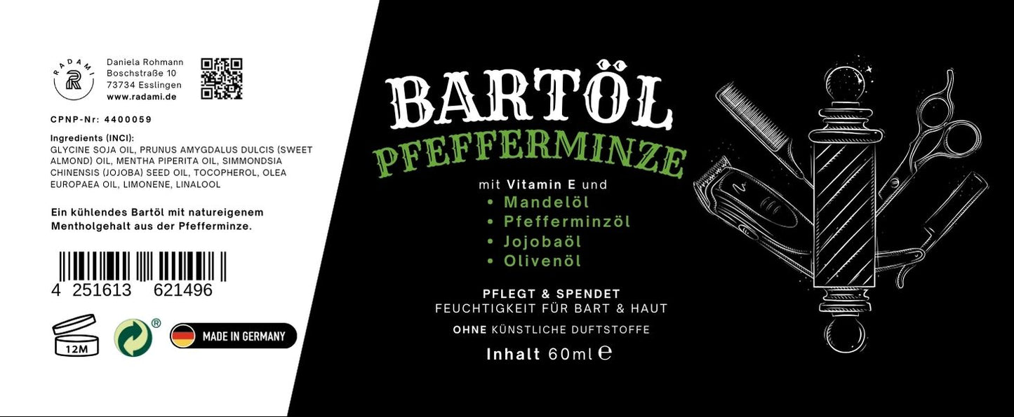 Bartöl Pfefferminze 60 ml Bartpflege mit Jojobaöl, Mandelöl und Olivenöl - Mimaro