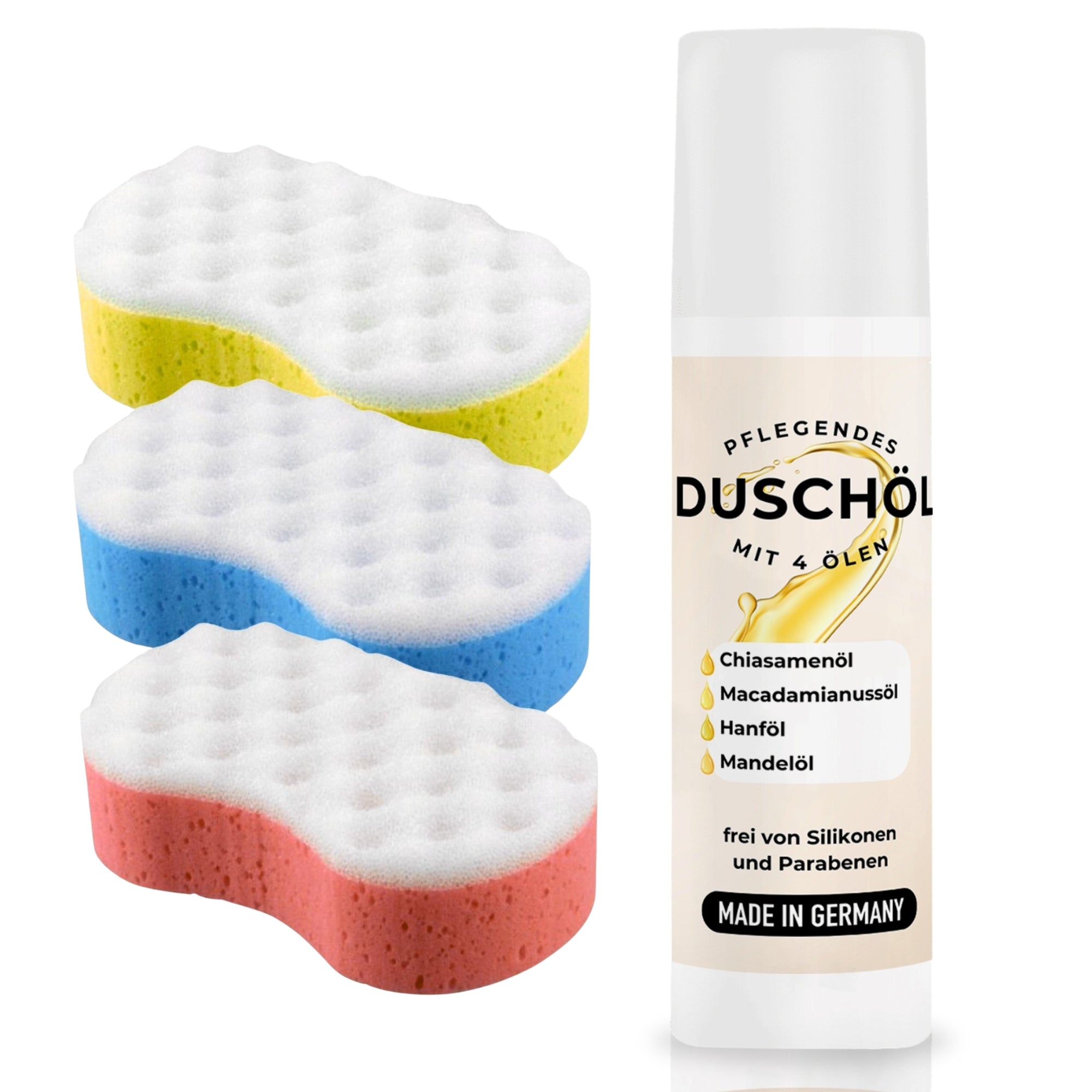 Duschöl natürliche Öle und Panthenol Duschgel 150ml + 3 Peeling Schwamm - Mimaro