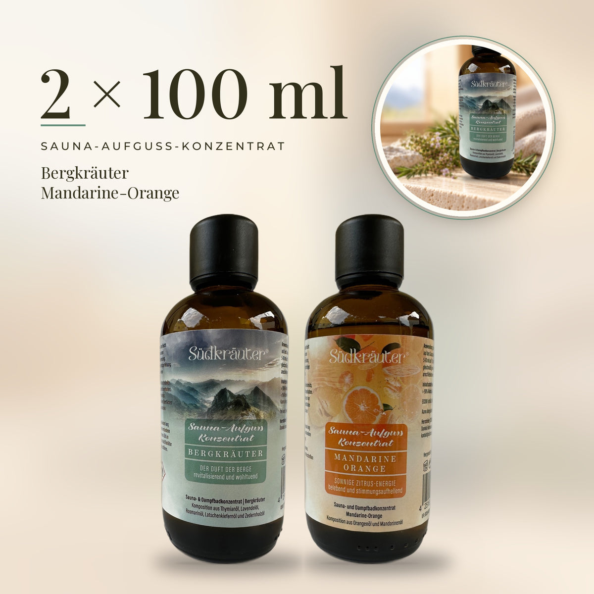 Saunaaufguss Set Bergkräuter & Mandarine-Orange | 2 x 100 ml