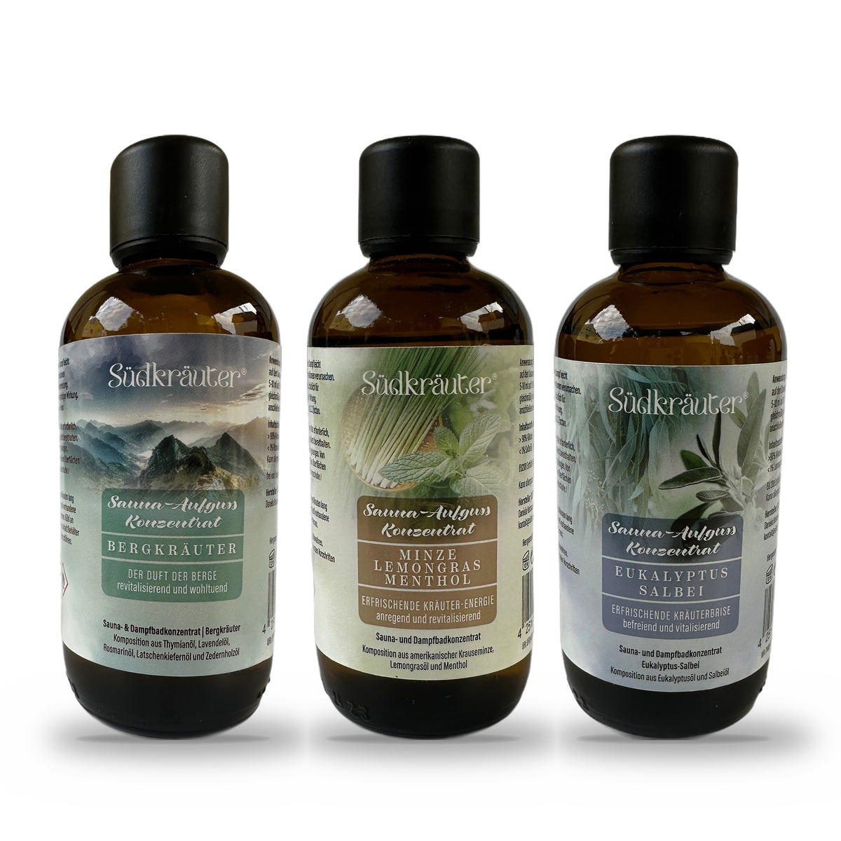 Saunaaufguss Set Bergkräuter, Minze-Lemongras & Eukalyptus-Salbei | 3 x 100 ml