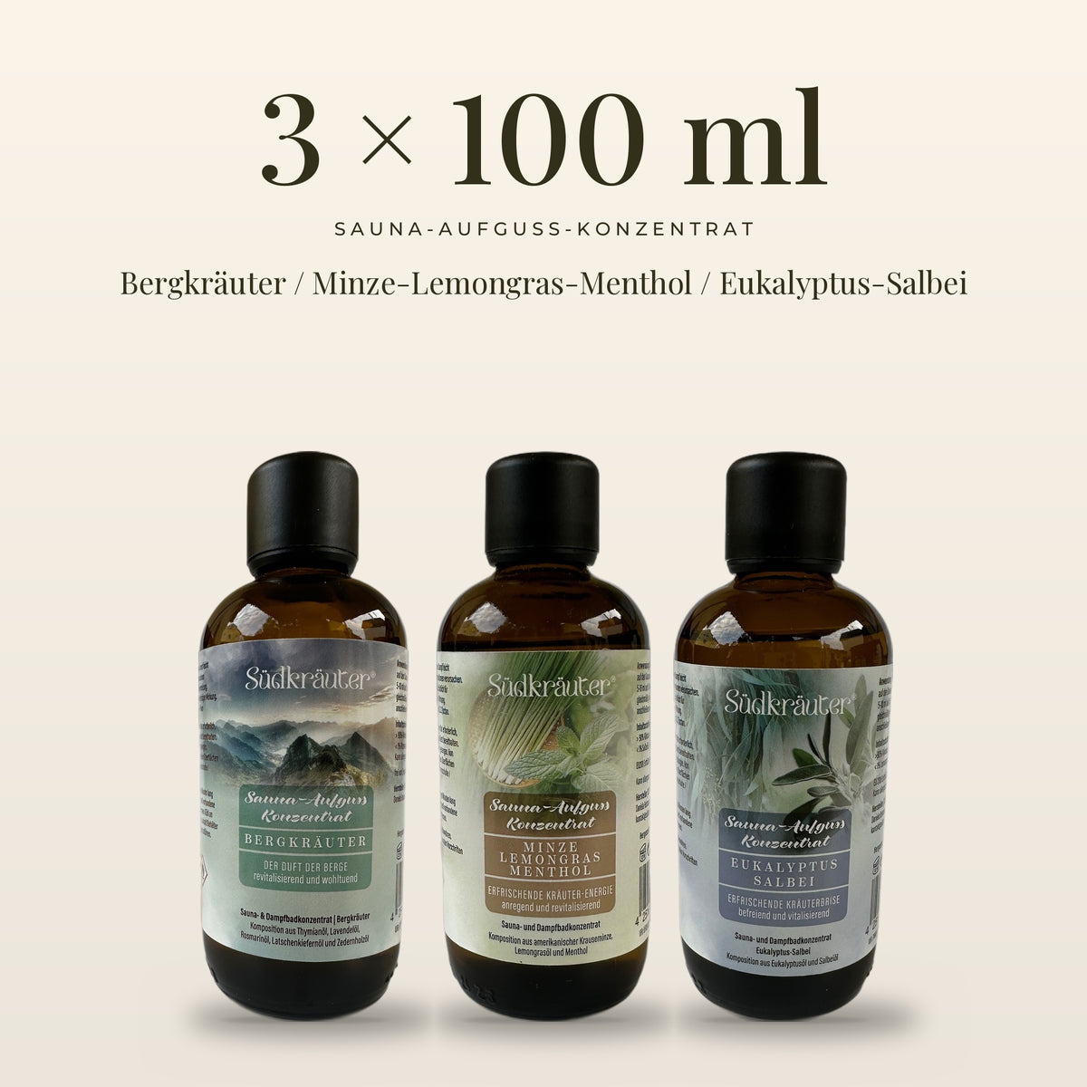 Saunaaufguss Set Bergkräuter, Minze-Lemongras & Eukalyptus-Salbei | 3 x 100 ml