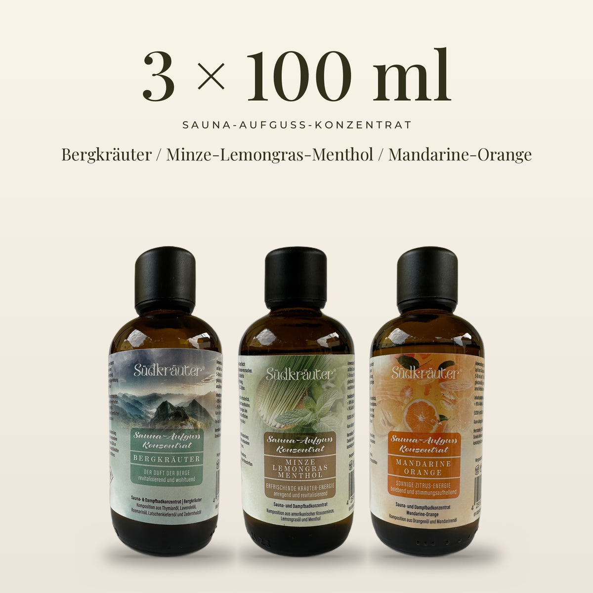 Saunaaufguss Set Bergkräuter, Minze-Lemongras & Mandarine-Orange | 3 x 100 ml
