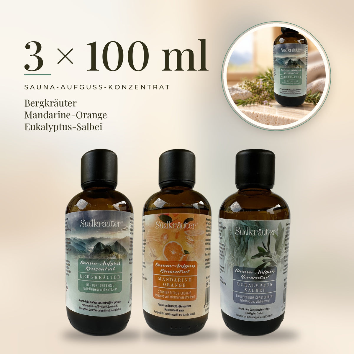 Saunaaufguss Set Bergkräuter, Mandarine-Orange & Eukalyptus-Salbei | 3 x 100 ml