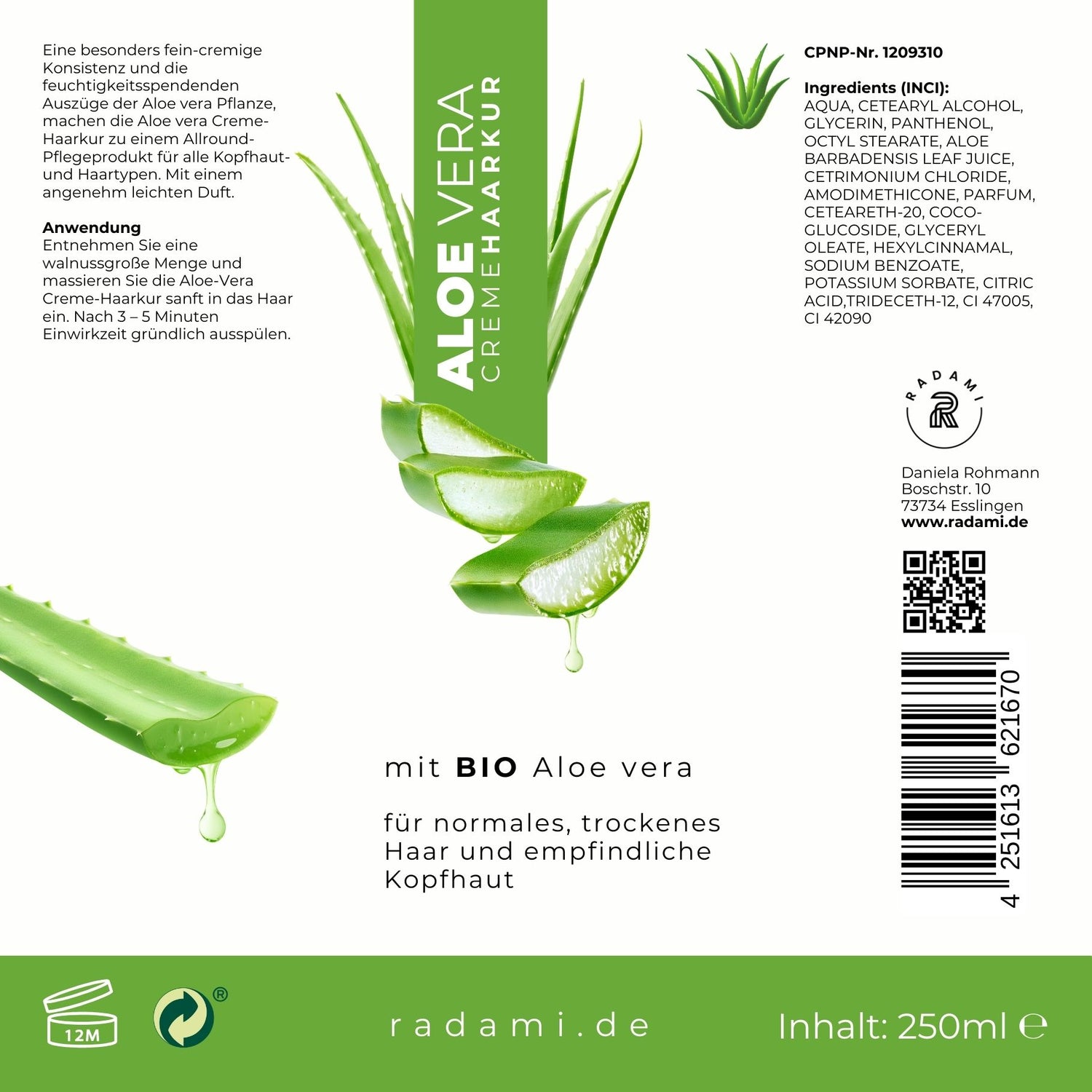 Aloe Vera Set Shampoo und Cremehaarkur Bio Aloe vera für trockenes Haar und empfindliche Kopfhaut jeweils 250 ml - Mimaro