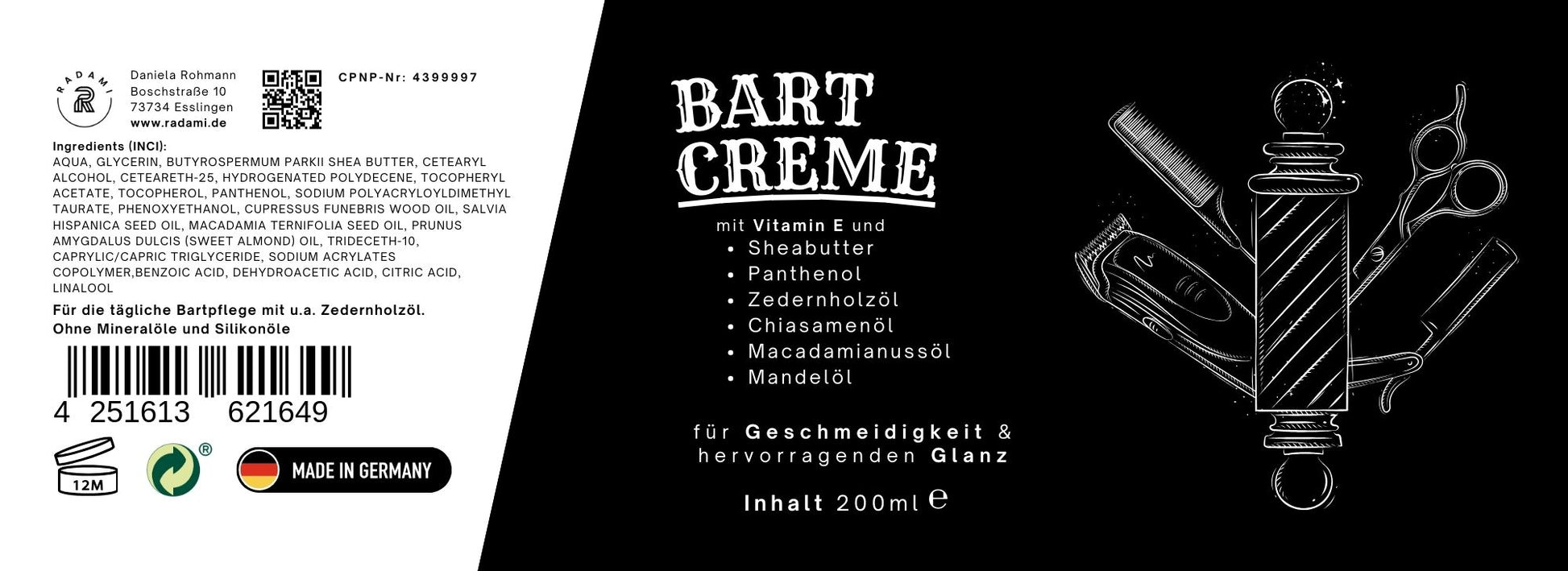 Bartcreme Bartpflege Bart Creme mit Sheabutter und Panthenol 200ml - Mimaro