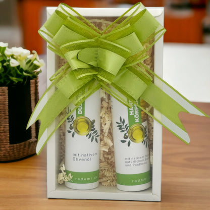 Geschenkbox Geschenk Set Box Pflegeset mit nativem Olivenöl Körpercreme / Duschgel - Mimaro