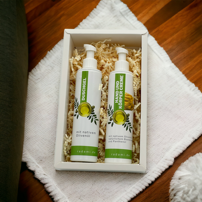Geschenkbox Geschenk Set Box Pflegeset mit nativem Olivenöl Körpercreme / Duschgel - Mimaro