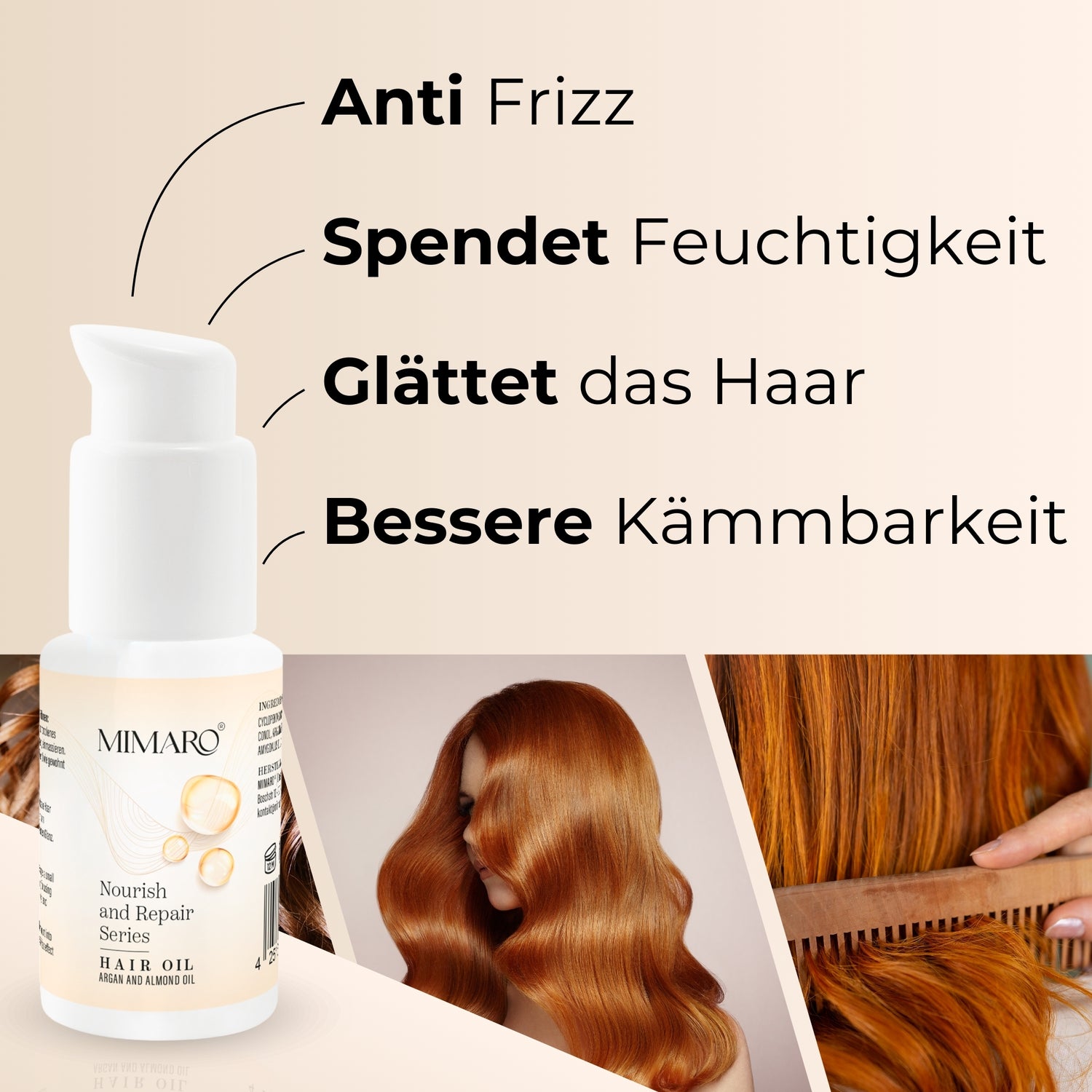 Mimaro® Nourish &amp; Repair Haaröl – Arganöl, Mandelöl, Kaschmir Extrakt gegen Frizz und Austrocknen - Mimaro