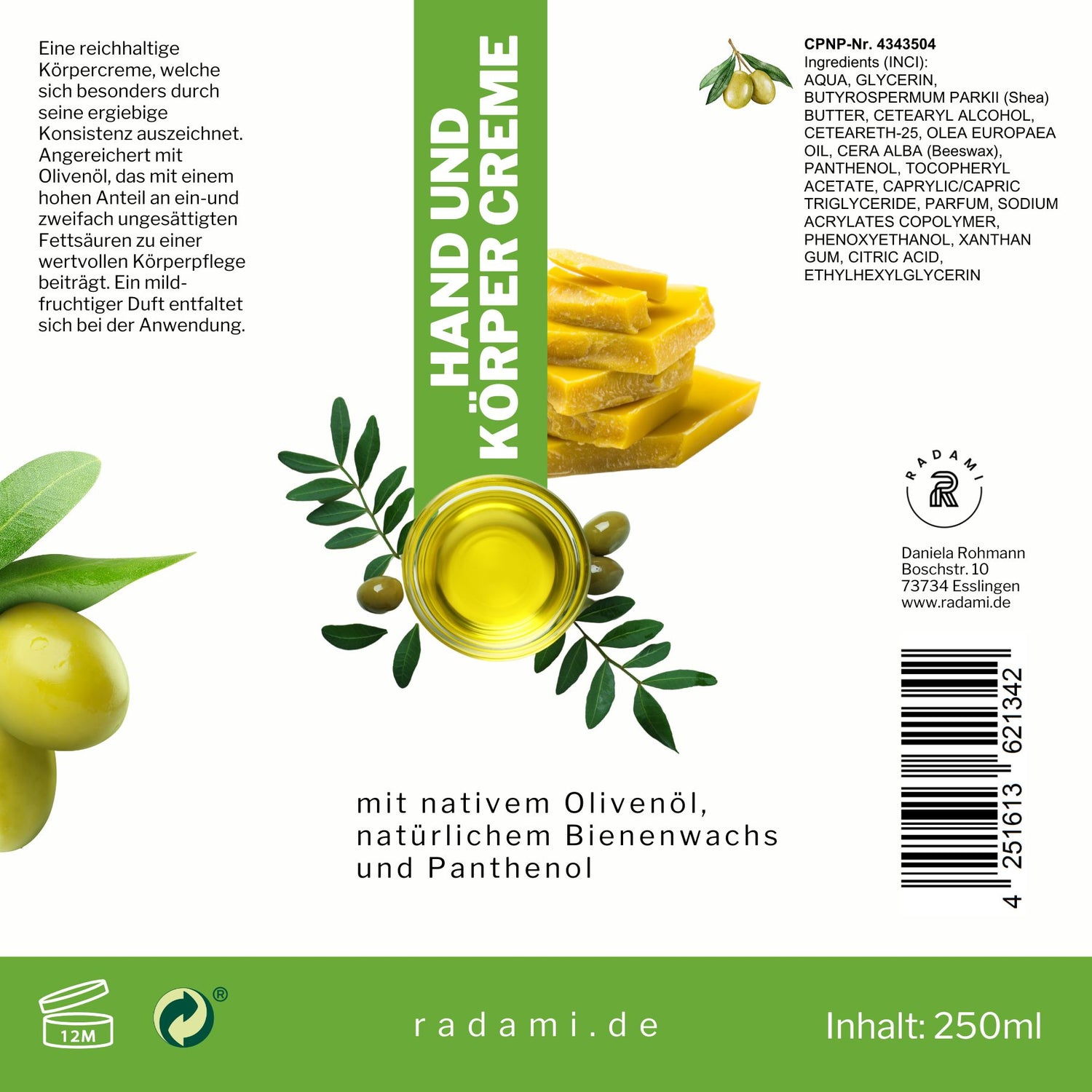 Bodylotion Handcreme Körpercreme mit Olivenöl, Bienenwachs und Panthenol 250 ml - Mimaro