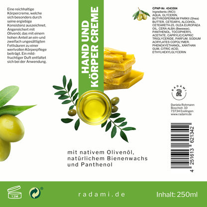 Bodylotion Handcreme Körpercreme mit Olivenöl, Bienenwachs und Panthenol 250 ml - Mimaro