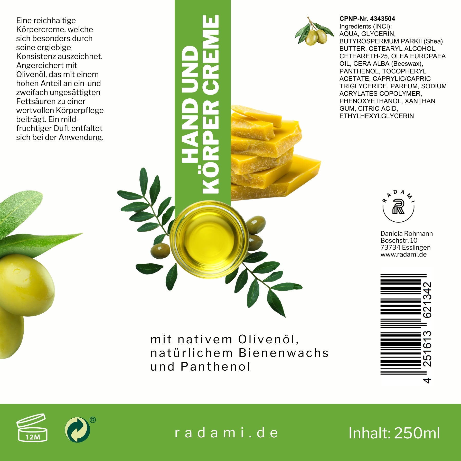 Bodylotion Handcreme Körpercreme mit Olivenöl, Bienenwachs und Panthenol 250 ml - Mimaro
