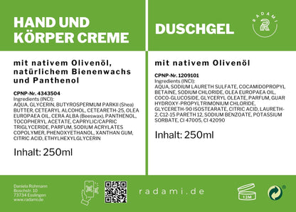 Geschenkbox Geschenk Set Box Pflegeset mit nativem Olivenöl Körpercreme / Duschgel - Mimaro