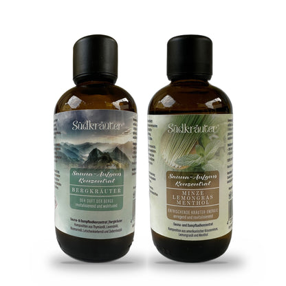 Saunaaufguss Set Bergkräuter &amp; Minze-Lemongras | 2 x 100 ml
