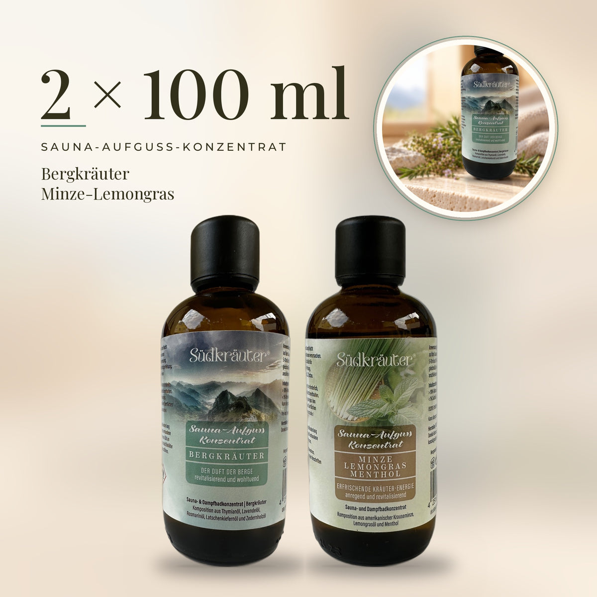 Saunaaufguss Set Bergkräuter &amp; Minze-Lemongras | 2 x 100 ml