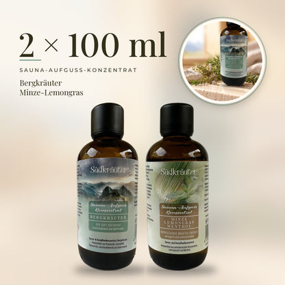Saunaaufguss Set Bergkräuter &amp; Minze-Lemongras | 2 x 100 ml