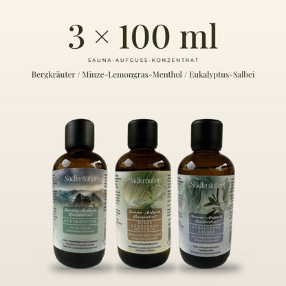 Saunaaufguss Set Bergkräuter, Minze-Lemongras &amp; Eukalyptus-Salbei | 3 x 100 ml