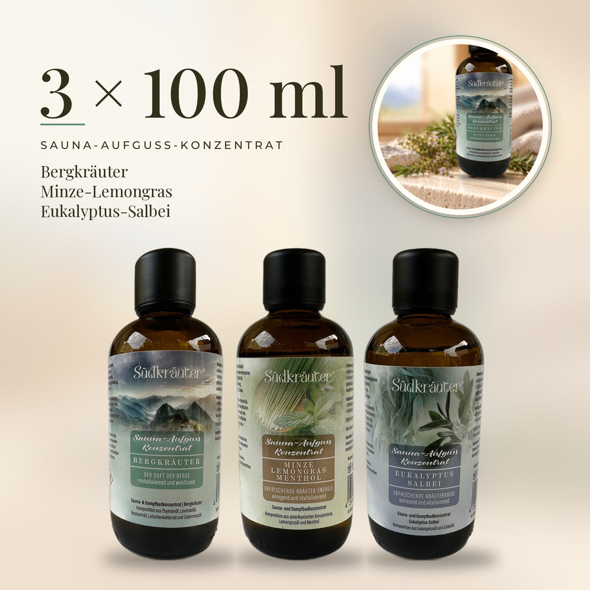 Saunaaufguss Set Bergkräuter, Minze-Lemongras &amp; Eukalyptus-Salbei | 3 x 100 ml