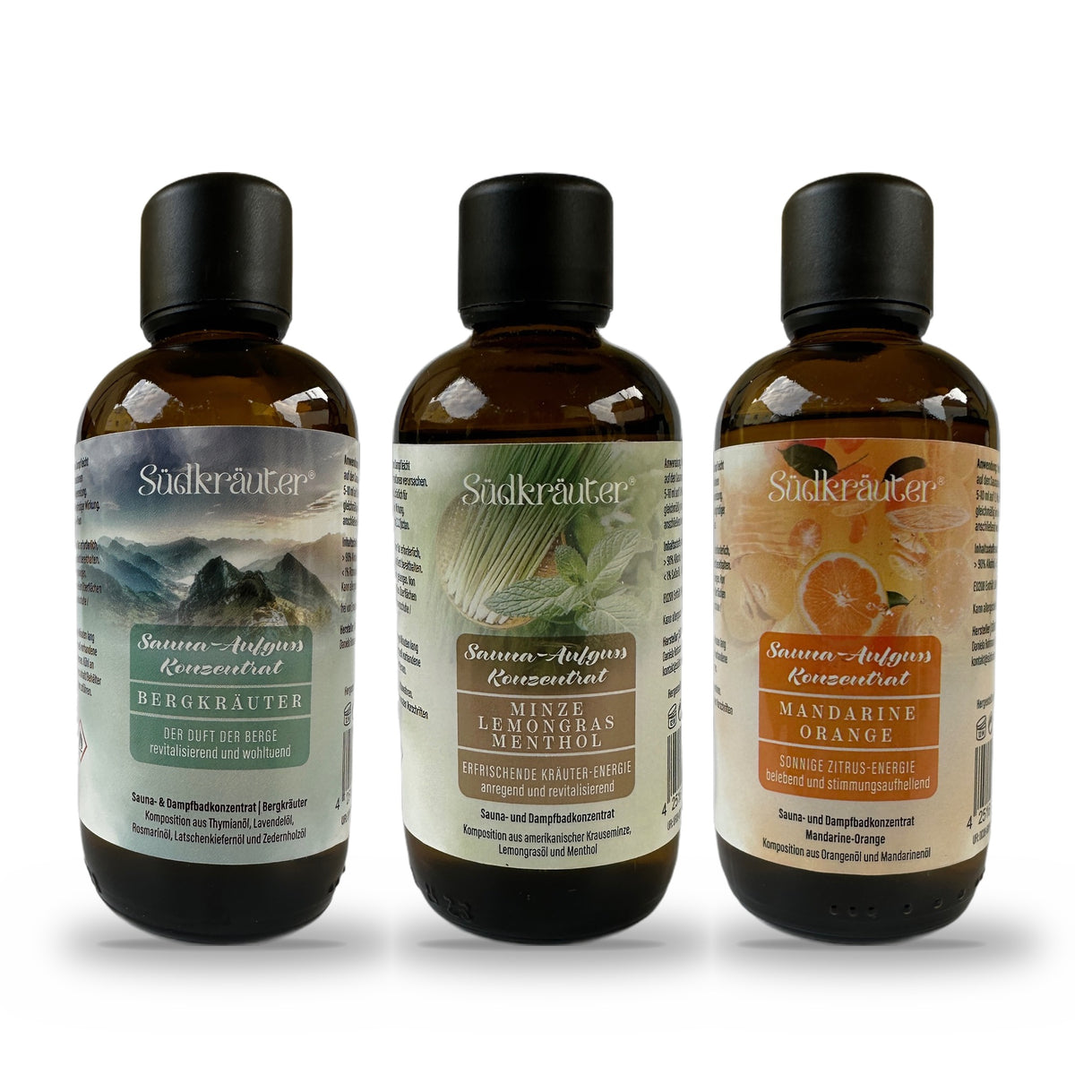 Saunaaufguss Set Bergkräuter, Minze-Lemongras &amp; Mandarine-Orange | 3 x 100 ml