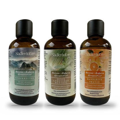 Saunaaufguss Set Bergkräuter, Minze-Lemongras &amp; Mandarine-Orange | 3 x 100 ml