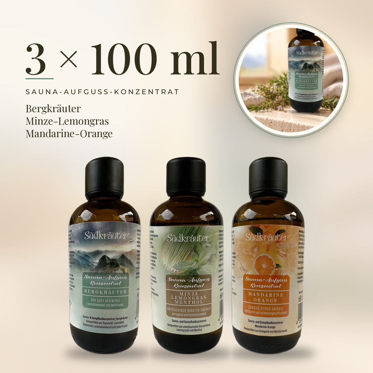 Saunaaufguss Set Bergkräuter, Minze-Lemongras &amp; Mandarine-Orange | 3 x 100 ml