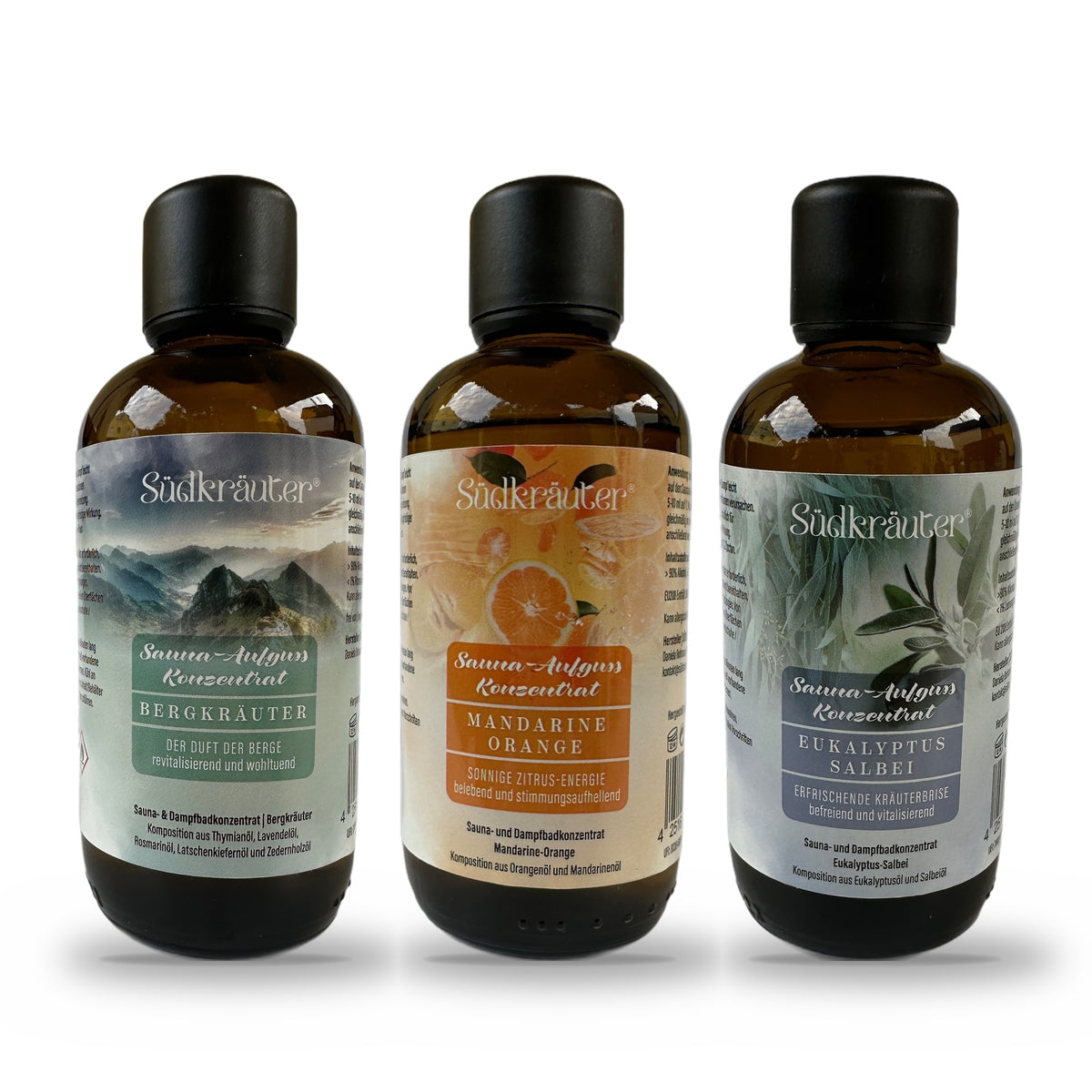 Saunaaufguss Set Bergkräuter, Mandarine-Orange &amp; Eukalyptus-Salbei | 3 x 100 ml