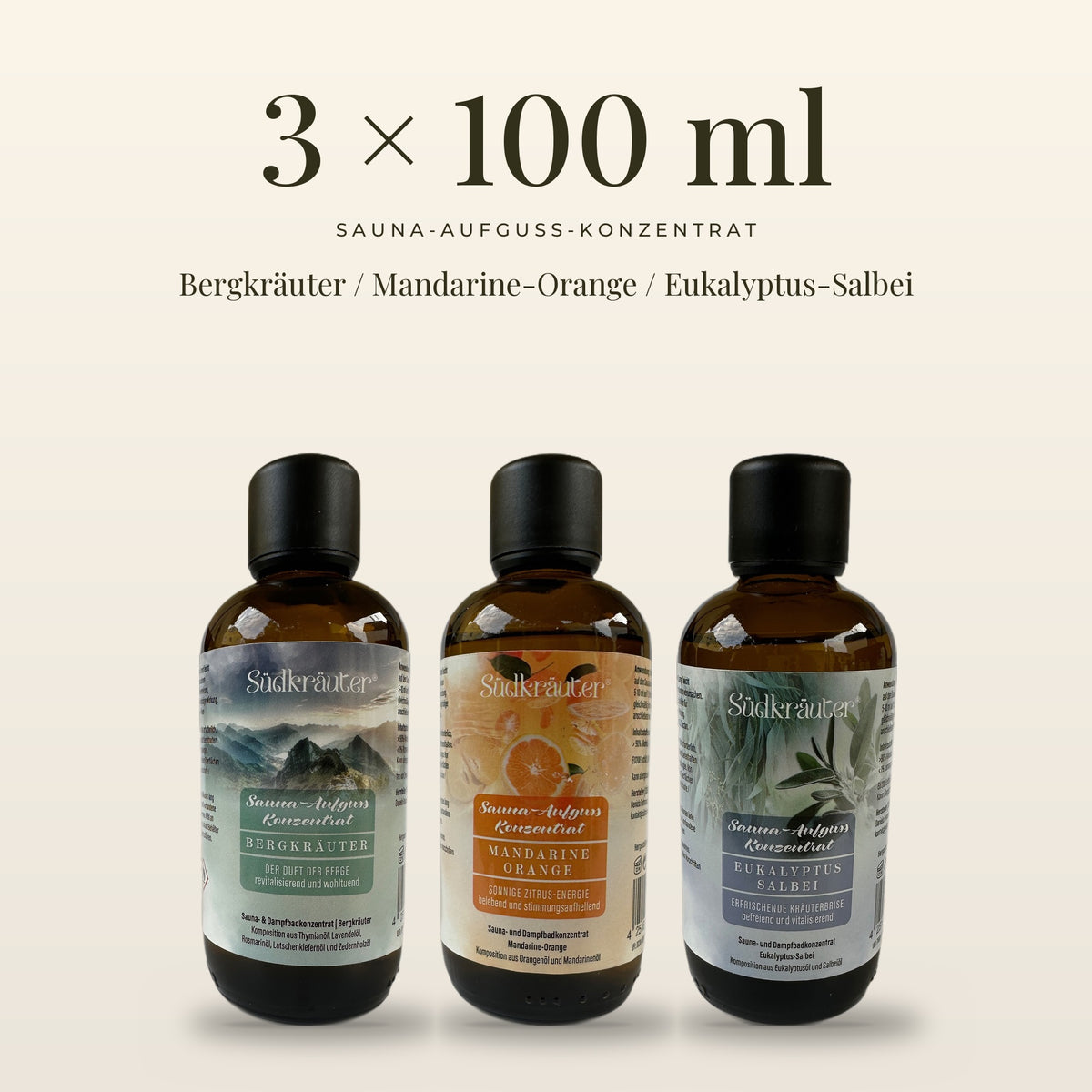 Saunaaufguss Set Bergkräuter, Mandarine-Orange &amp; Eukalyptus-Salbei | 3 x 100 ml