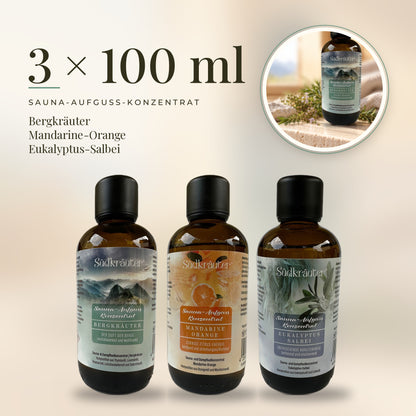 Saunaaufguss Set Bergkräuter, Mandarine-Orange &amp; Eukalyptus-Salbei | 3 x 100 ml