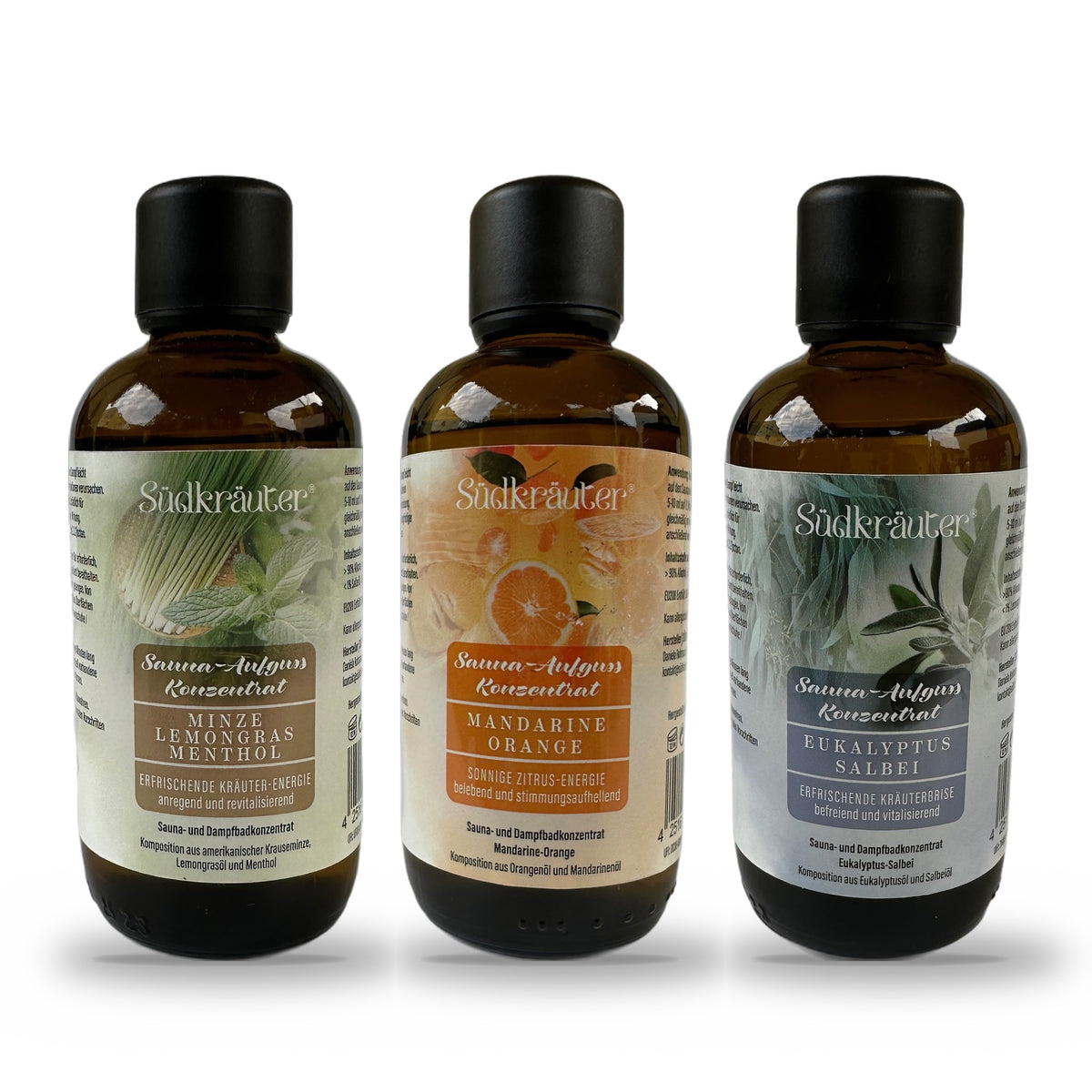 Saunaaufguss Set Minze-Lemongras, Mandarine-Orange &amp; Eukalyptus-Salbei | 3 x 100 ml
