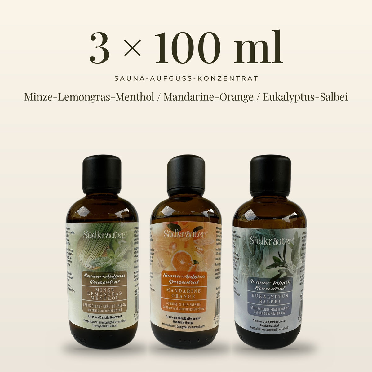 Saunaaufguss Set Minze-Lemongras, Mandarine-Orange &amp; Eukalyptus-Salbei | 3 x 100 ml