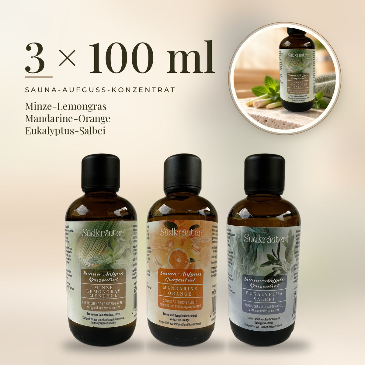 Saunaaufguss Set Minze-Lemongras, Mandarine-Orange &amp; Eukalyptus-Salbei | 3 x 100 ml