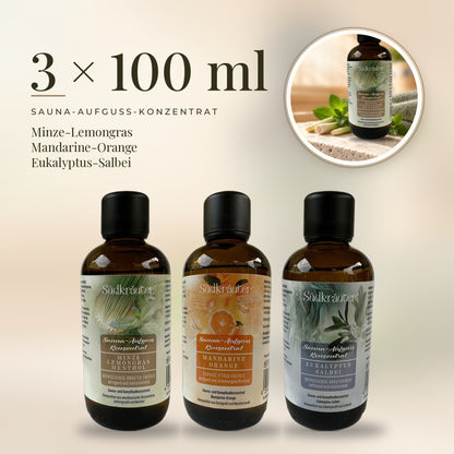Saunaaufguss Set Minze-Lemongras, Mandarine-Orange &amp; Eukalyptus-Salbei | 3 x 100 ml