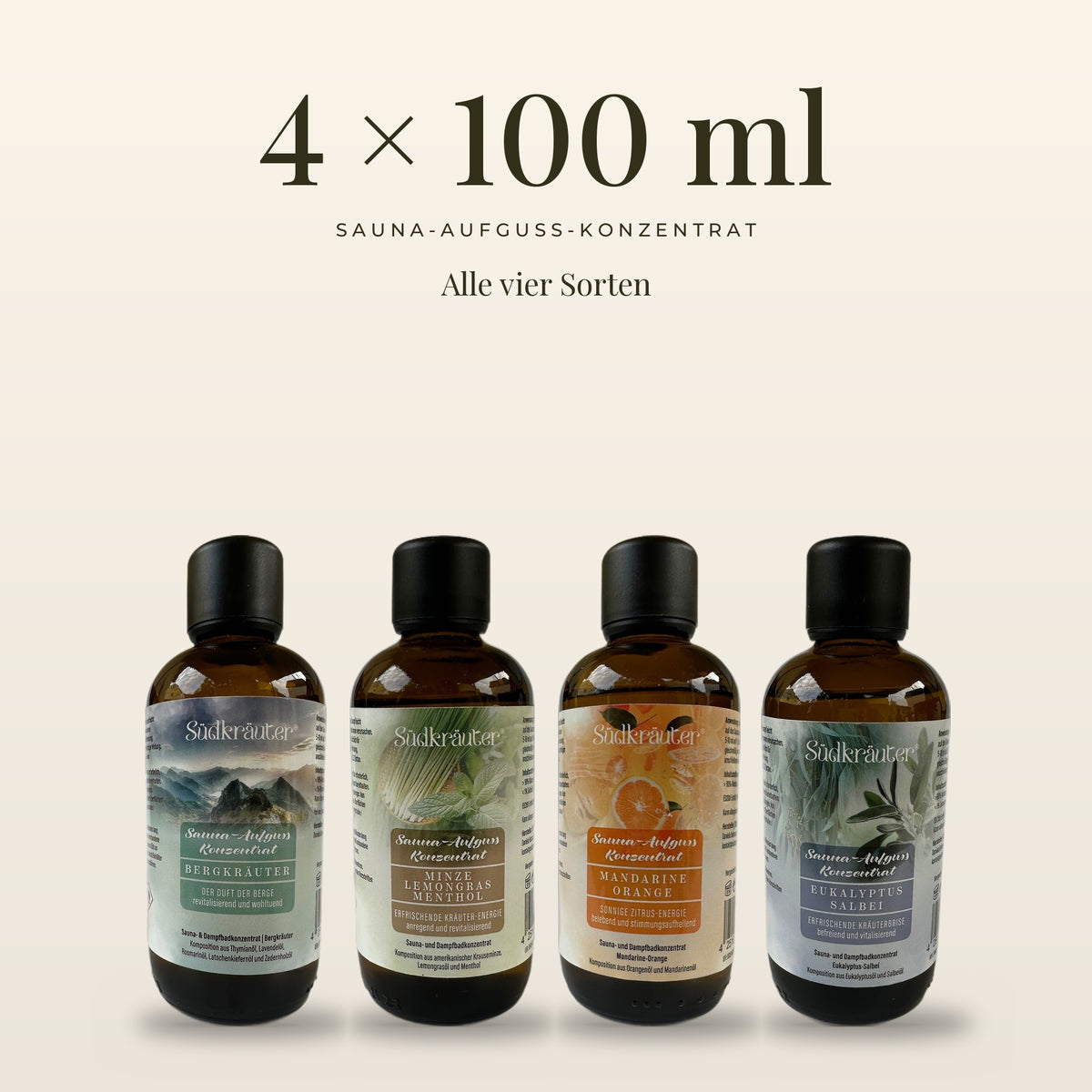 Saunaaufguss Set mit allen 4 Düften | 4 x 100 ml